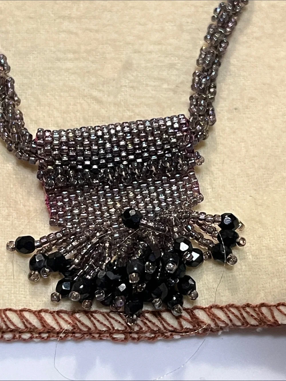 Ralph Lauren Double RL Gunmetal Beaded Fringe Necklace with Black Bead Tassels